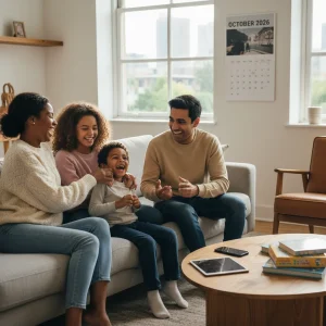 Gestión del Tiempo de Pantalla Familiar: 5 Reglas Claras para un Equilibrio Saludable en 2026 Familia feliz disfrutando de tiempo juntos sin pantallas en un ambiente moderno y equilibrado.