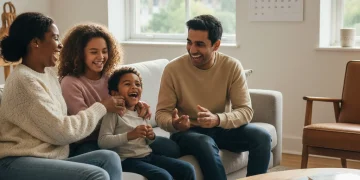 Familia feliz disfrutando de tiempo juntos sin pantallas en un ambiente moderno y equilibrado.