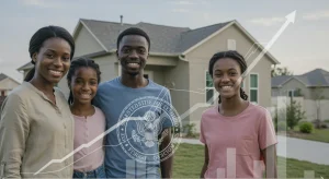Family smiling in front of an affordable home, symbolizing federal housing aid and financial relief in 2026.
