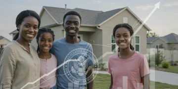 Family smiling in front of an affordable home, symbolizing federal housing aid and financial relief in 2026.