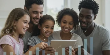 Happy family reviewing finances with child tax credit information