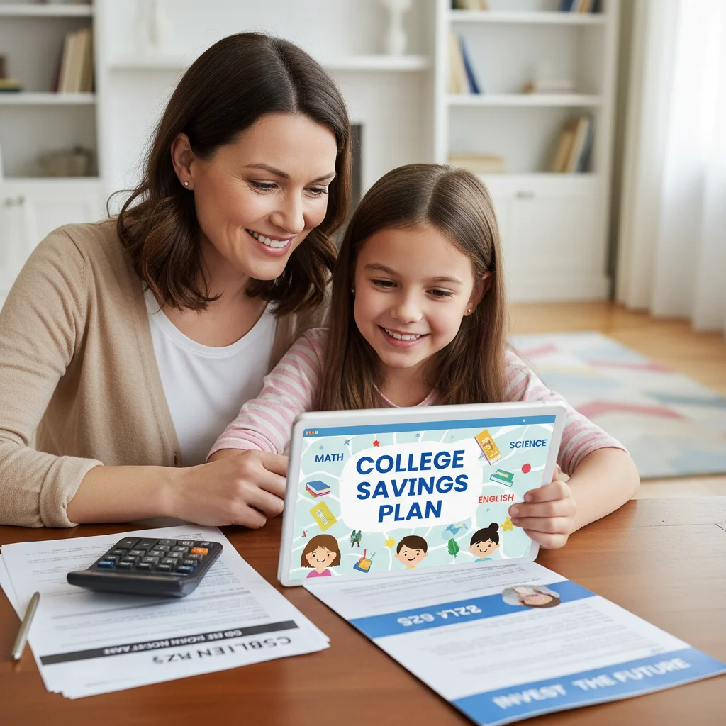 Parent and child planning college savings with a tablet and financial documents, emphasizing 529 plan strategy.