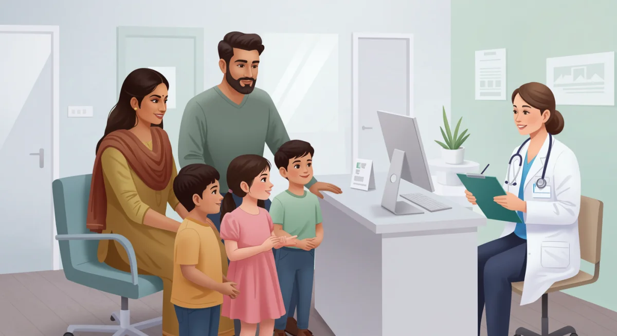 Family consulting with a doctor, illustrating accessible healthcare services under CHIP.