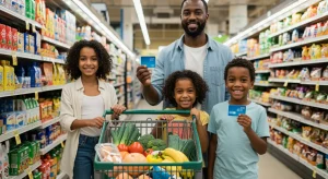 Family using EBT card for groceries, symbolizing 2026 SNAP benefits