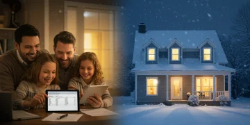 Family comfortably inside home, receiving federal energy assistance 2026 funds