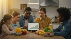 Family reviewing financial data on a tablet with groceries, representing 2026 SNAP benefit adjustments
