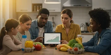 Family reviewing financial data on a tablet with groceries, representing 2026 SNAP benefit adjustments