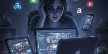 Persona agotada frente a pantallas digitales, representando la fatiga digital y su impacto económico.