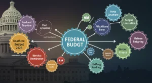 Federal Budget 2026: Key Spending Priorities & National Program Impact Illustration of Federal Budget 2026 priorities with gears for healthcare, education, and defense.