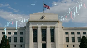 Federal Reserve building with overlay of fluctuating interest rates and 75 basis point shifts.