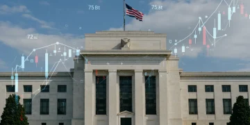 Federal Reserve building with overlay of fluctuating interest rates and 75 basis point shifts.