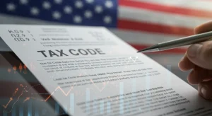 Federal tax code revisions 2026 document with financial graphs and an American flag background