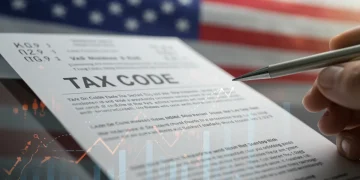 Federal tax code revisions 2026 document with financial graphs and an American flag background