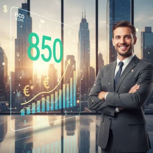 Credit Score Mastery: Boost Your FICO Score by 50 Points in 90 Days Person smiling at a rising FICO credit score on a screen, symbolizing financial success.
