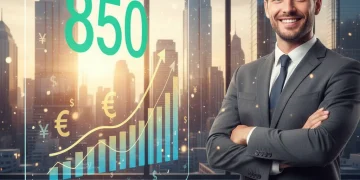 Person smiling at a rising FICO credit score on a screen, symbolizing financial success.