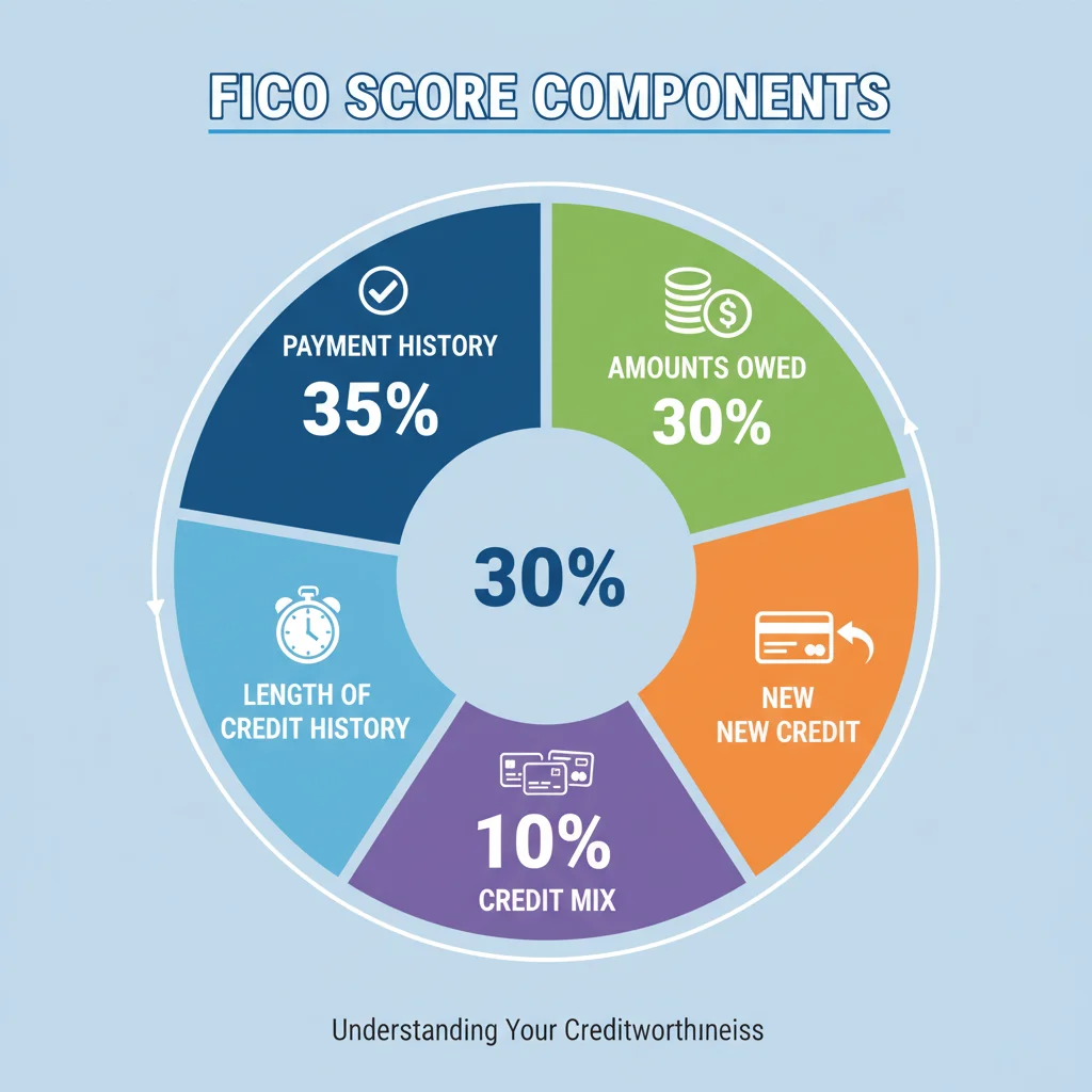 Infographic showing FICO score components and their percentage weights.
