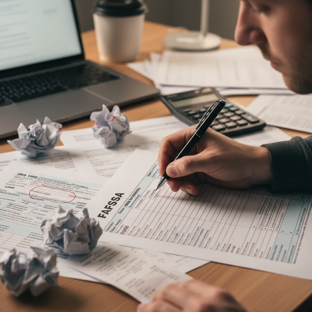 Detailed view of filling out FAFSA form with supporting financial documents.