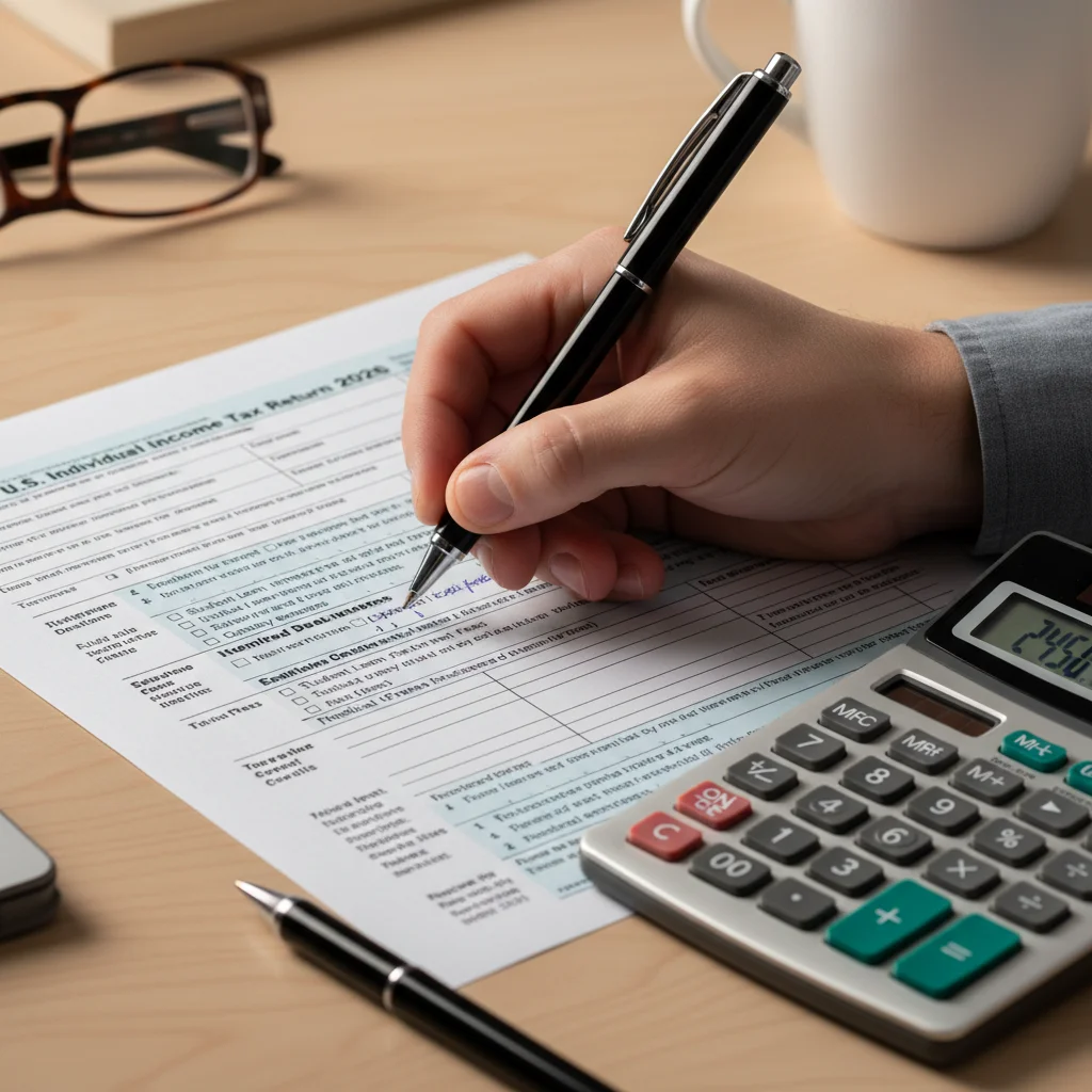 Hands filling out a 2026 tax form with a pen and calculator, focusing on tax credits.