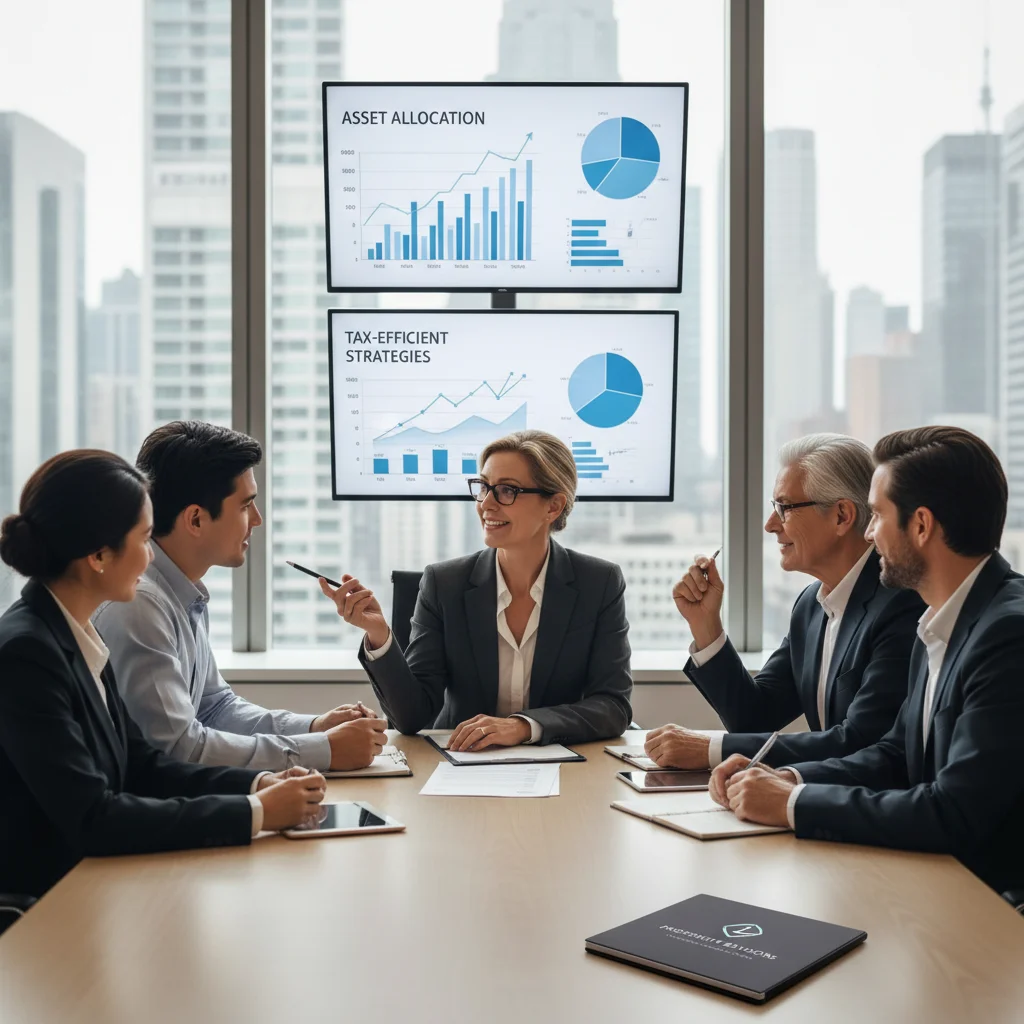 Group consulting with a financial advisor about tax strategies.
