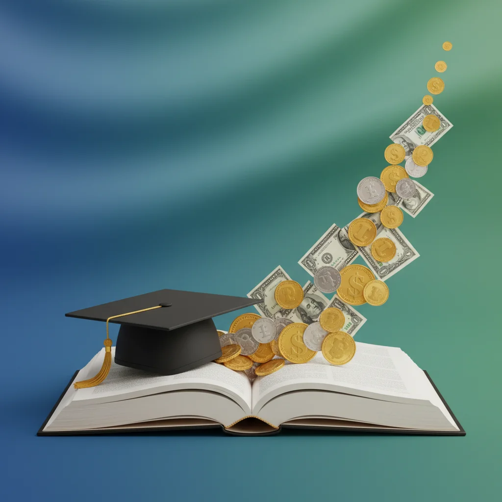 Financial aid increasing, symbolized by rising stacks of coins and dollar bills next to a graduation cap and open book.