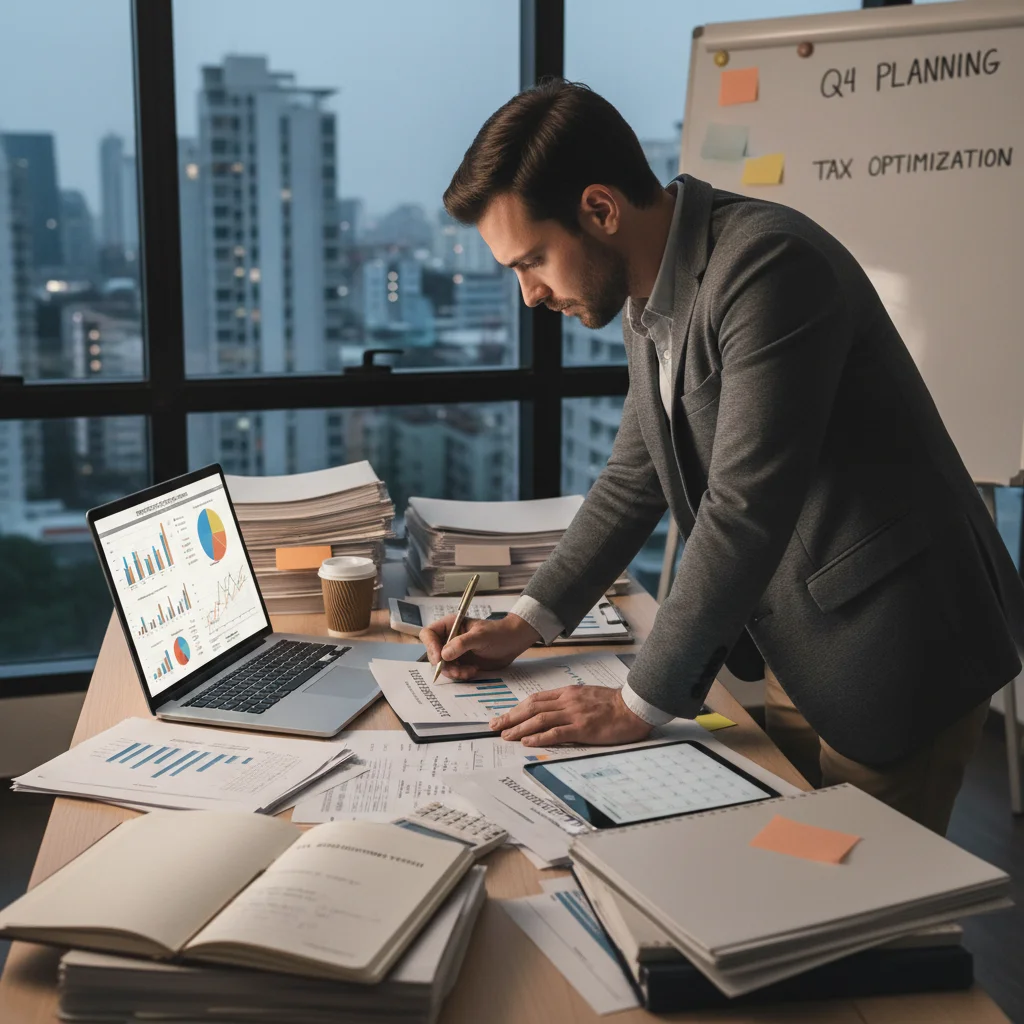 Individual analyzing financial documents and laptop for strategic tax planning and adjustments.