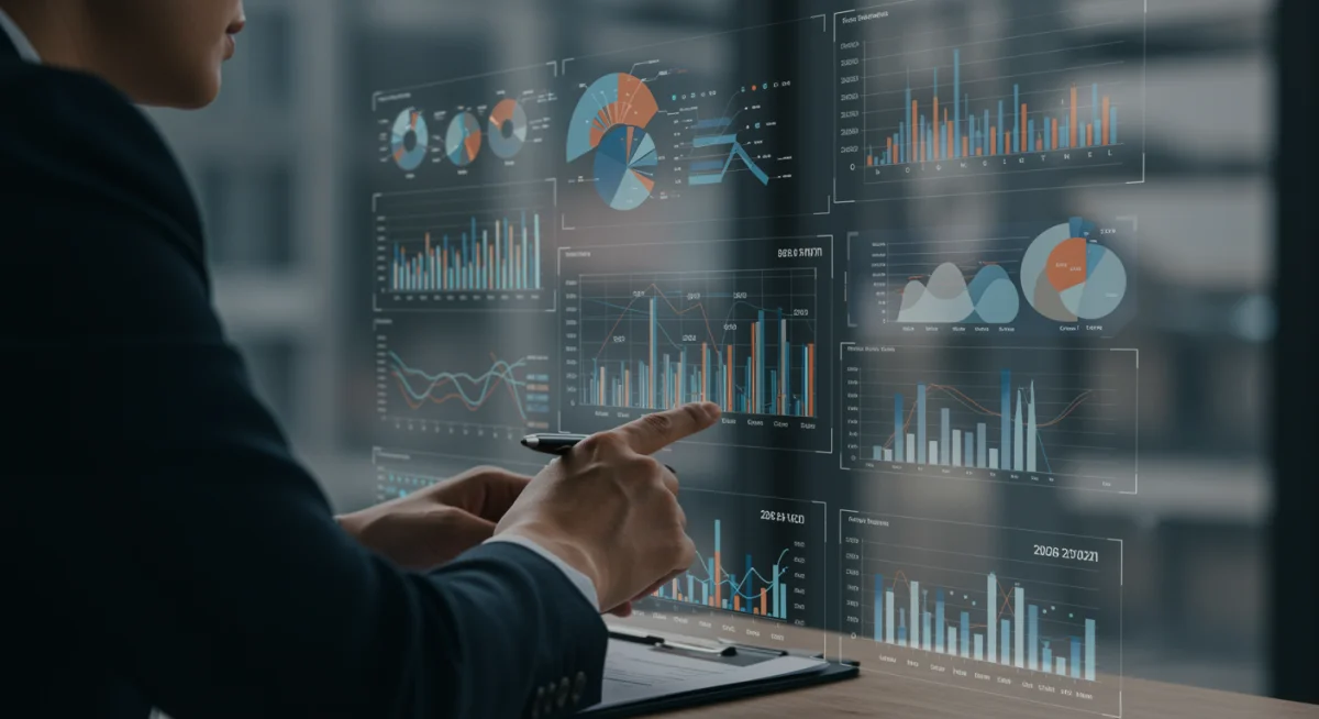 Professional analyzing financial dashboard showing retirement and investment growth.