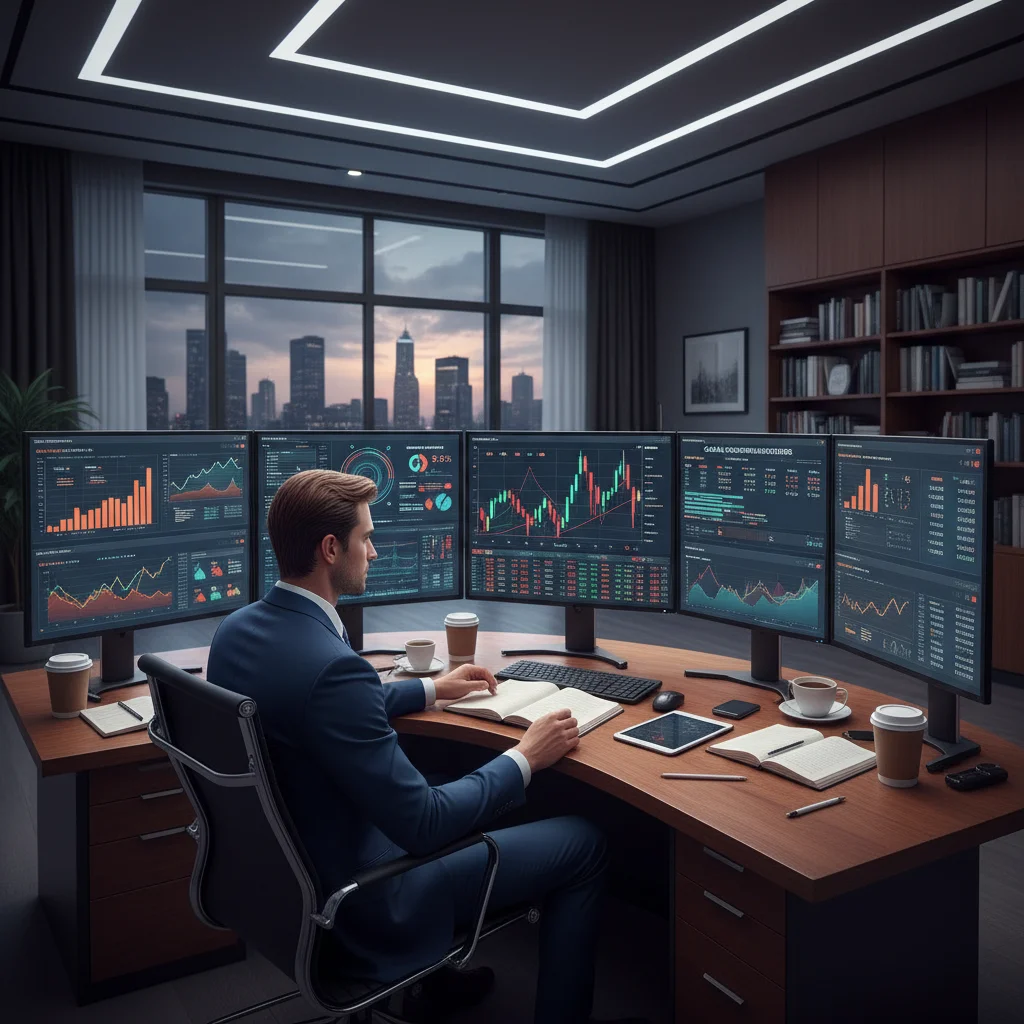 Individual analyzing financial data on multiple screens for market research.