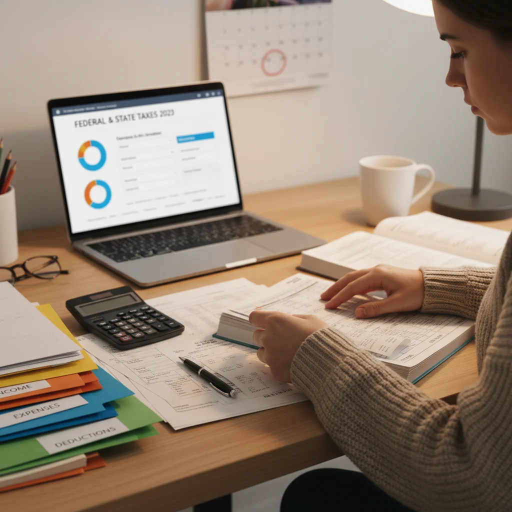 Person organizing financial documents for tax preparation.