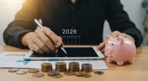 Financial planning for 2026 with a tablet and savings symbols