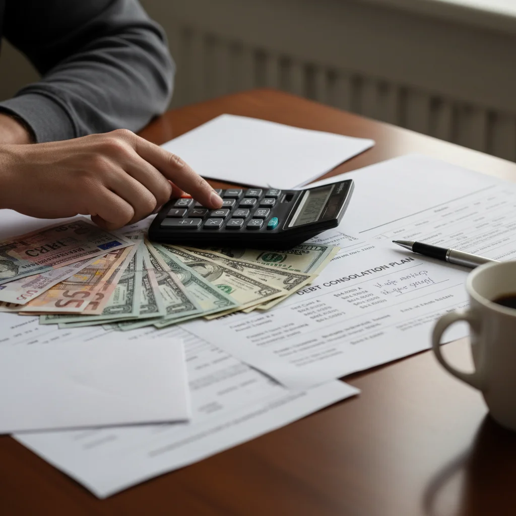 Hand using calculator to plan debt consolidation.