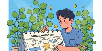 Financial planning calendar with icons for major life events and growing money plants.