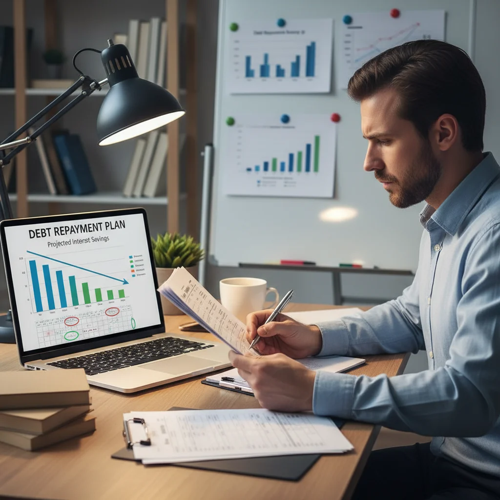 Person reviewing financial statements and debt repayment plan for strategic debt consolidation.