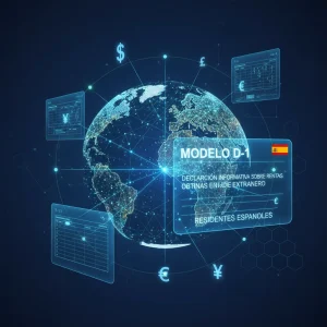 Gráfico moderno de fiscalidad internacional con elementos financieros globales y la bandera española, representando ingresos extranjeros.