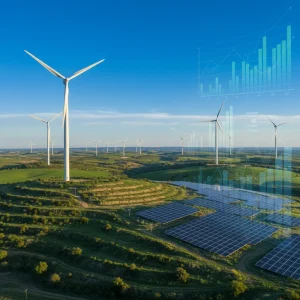 Paisaje verde con turbinas eólicas y paneles solares, simbolizando inversiones sostenibles y fiscalidad verde en España.