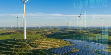 Paisaje verde con turbinas eólicas y paneles solares, simbolizando inversiones sostenibles y fiscalidad verde en España.