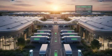 Flota de vehículos eléctricos en un centro logístico sostenible al atardecer en España.