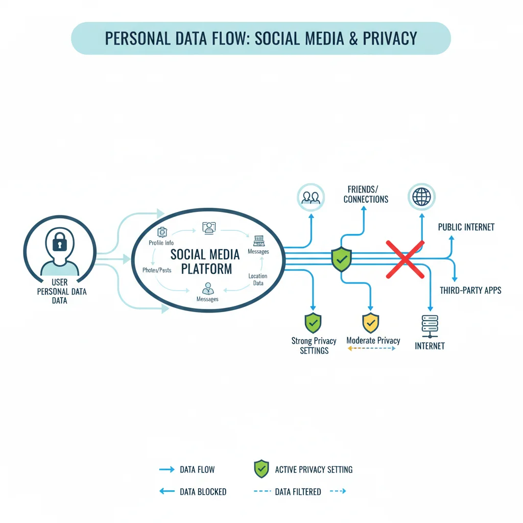Infografía sobre el flujo de datos personales en redes sociales y cómo las configuraciones lo controlan.