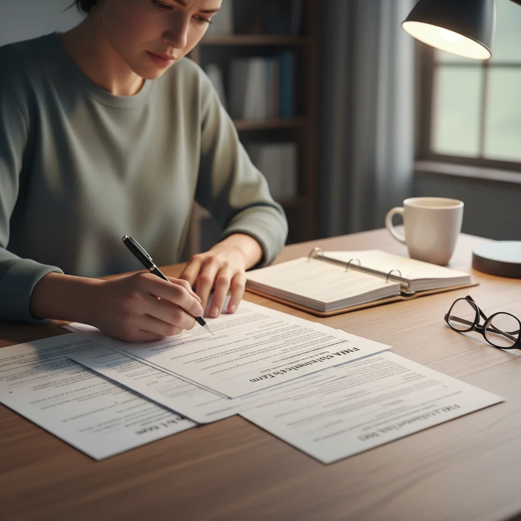 Person meticulously filling out FMLA application forms