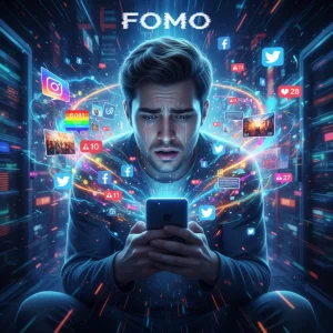 Persona ansiosa mirando el celular, rodeada de notificaciones digitales que simbolizan el FOMO digital.