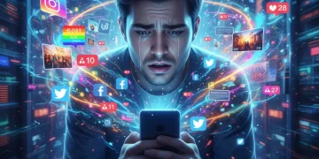 Persona ansiosa mirando el celular, rodeada de notificaciones digitales que simbolizan el FOMO digital.