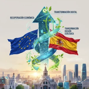 Fondos Next Generation España 2026: Proyectos Financiados y Claves Banderas de la UE y España, simbolizando los Fondos Next Generation y la recuperación económica.
