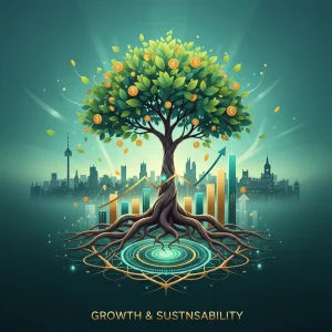 Árbol con raíces financieras y gráficos de crecimiento, simbolizando fondos de inversión sostenibles en España.