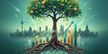 Árbol con raíces financieras y gráficos de crecimiento, simbolizando fondos de inversión sostenibles en España.