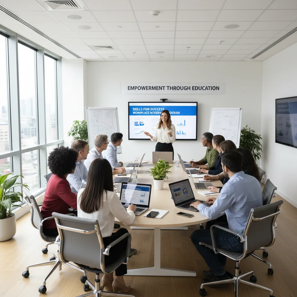 Grupo diverso de personas en formación profesional, potenciando la integración laboral.