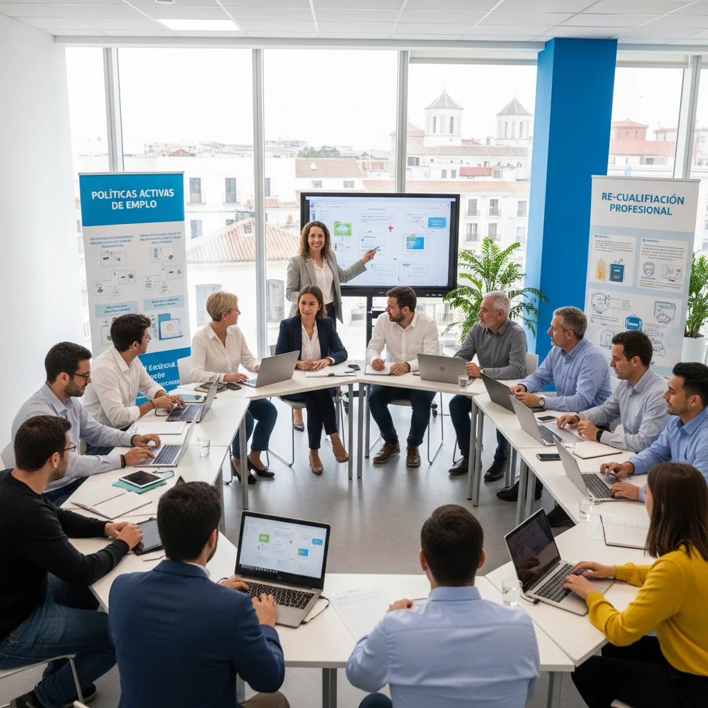 Grupo de personas en un programa de formación y recualificación laboral en España