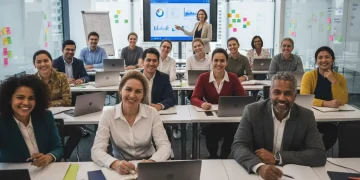 Grupo diverso de adultos en un curso de formación profesional, beneficiándose de ayudas estatales.