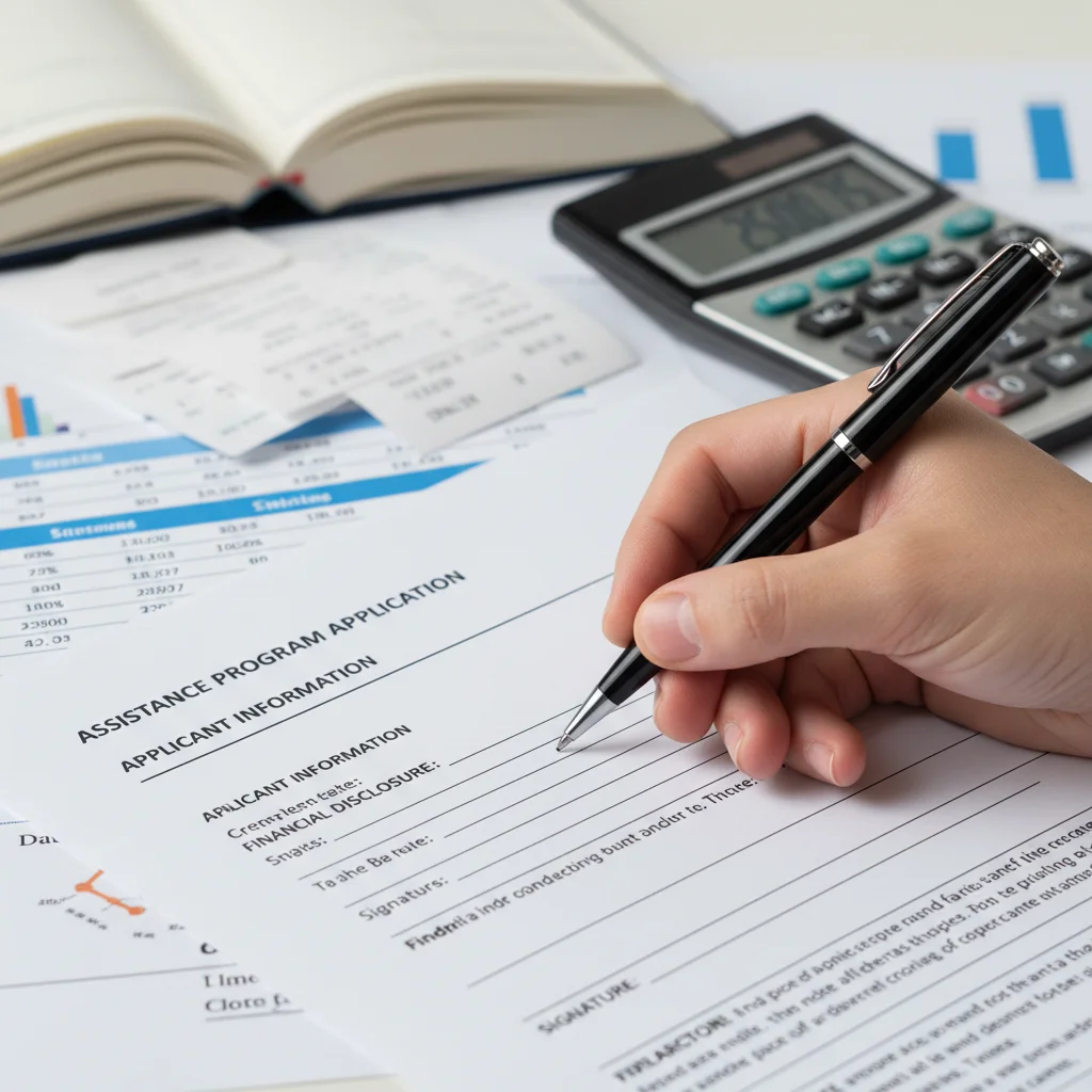 Mano completando un formulario de solicitud oficial, con documentos financieros y una calculadora de fondo, destacando el proceso de aplicación a becas.