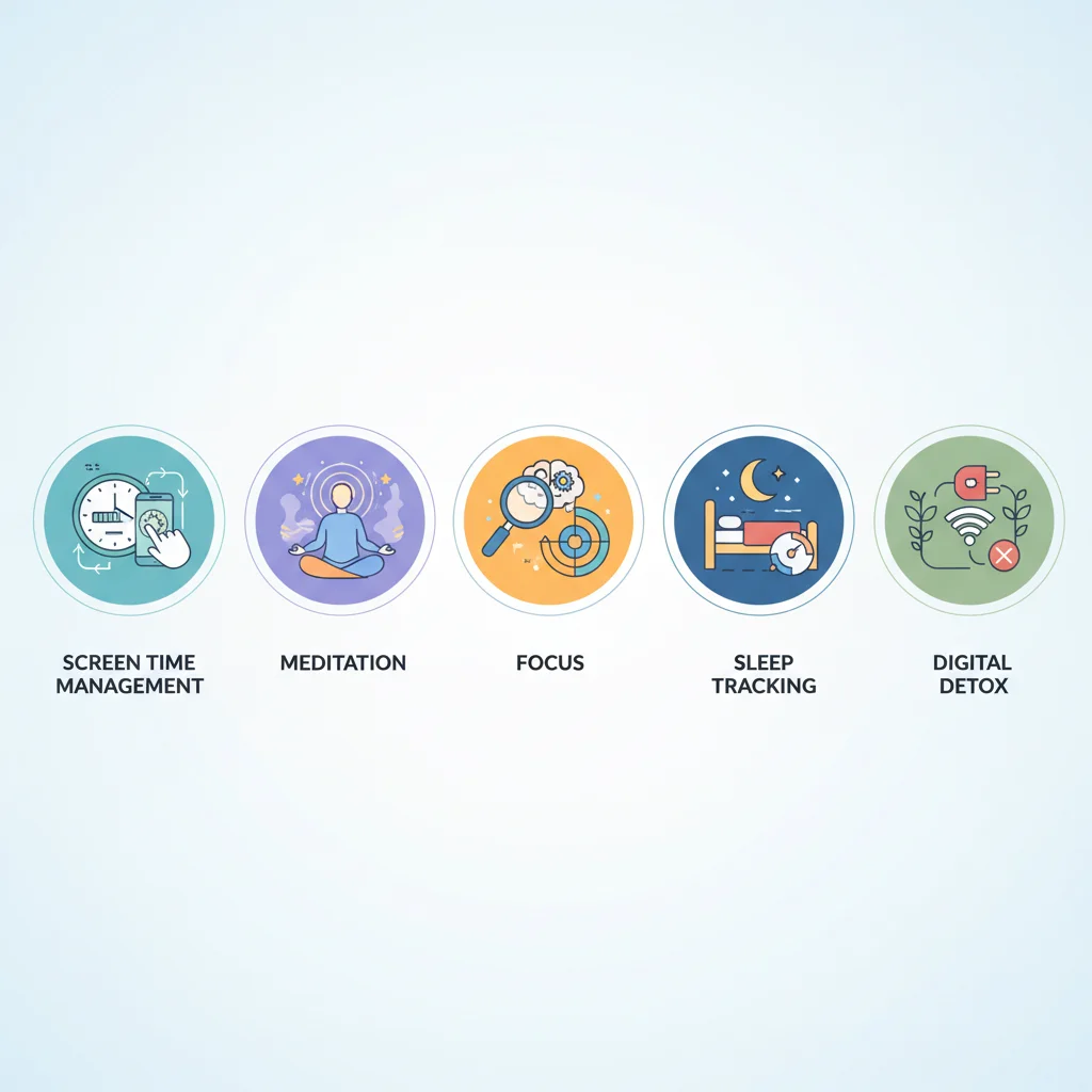 Infografía de las funciones clave de las aplicaciones de bienestar digital: gestión de tiempo, meditación, enfoque y sueño.