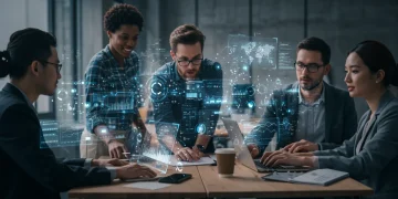 Professionals learning future digital skills in a modern, tech-focused environment