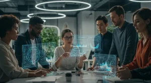 Diverse professionals collaborating on futuristic technology, symbolizing future-proof skills